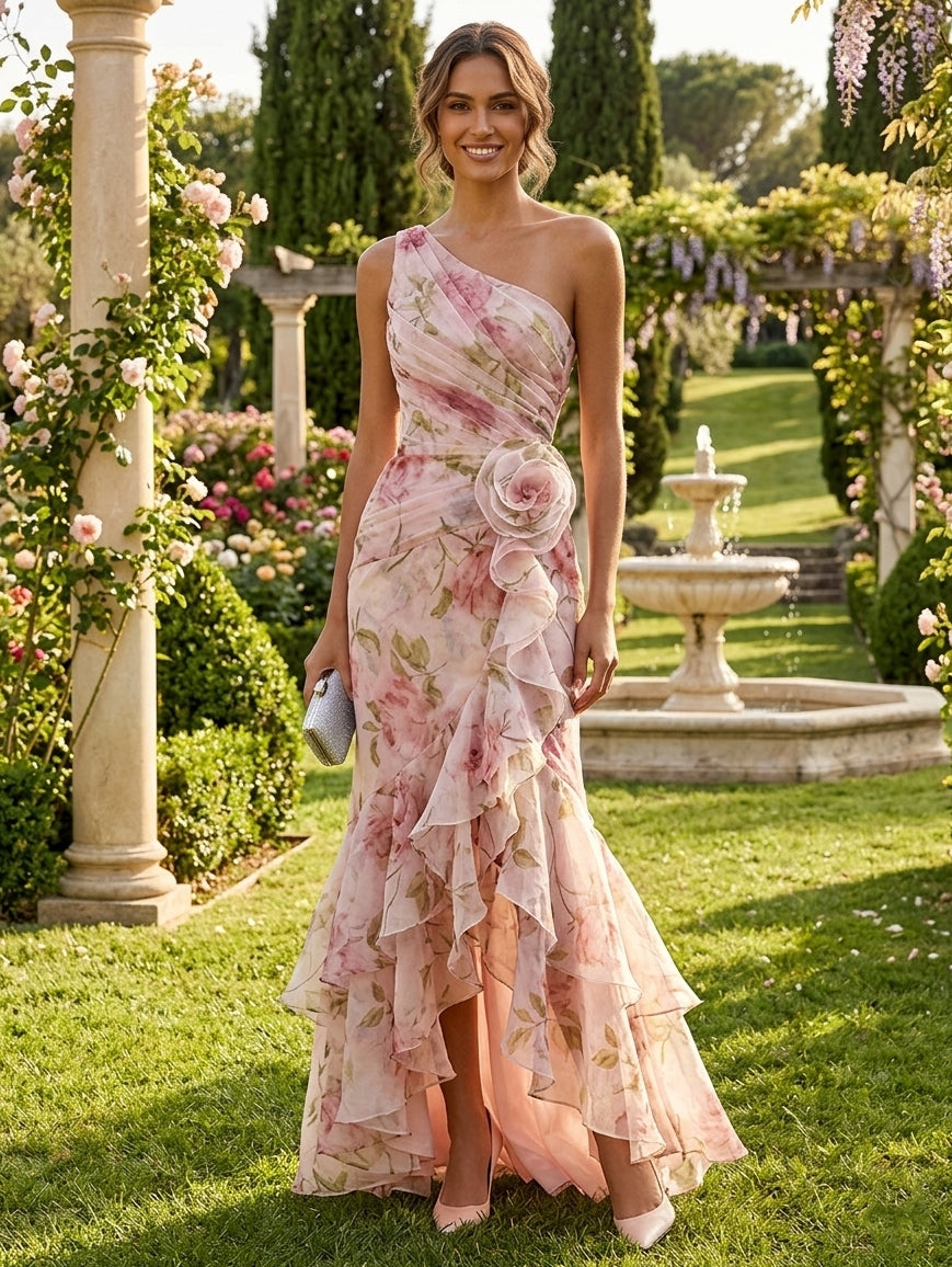 Trumpet/Mermaid One-Shoulder Chiffon Evening Dresses with 3D Flower Sleeveless Ruffles Floral Asymmetrical Floor-Length Formal Dresses
