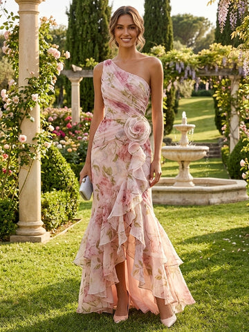 Trumpet/Mermaid One-Shoulder Chiffon Evening Dresses with 3D Flower Sleeveless Ruffles Floral Asymmetrical Floor-Length Formal Dresses