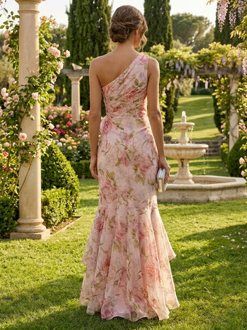 Trumpet/Mermaid One-Shoulder Chiffon Evening Dresses with 3D Flower Sleeveless Ruffles Floral Asymmetrical Floor-Length Formal Dresses