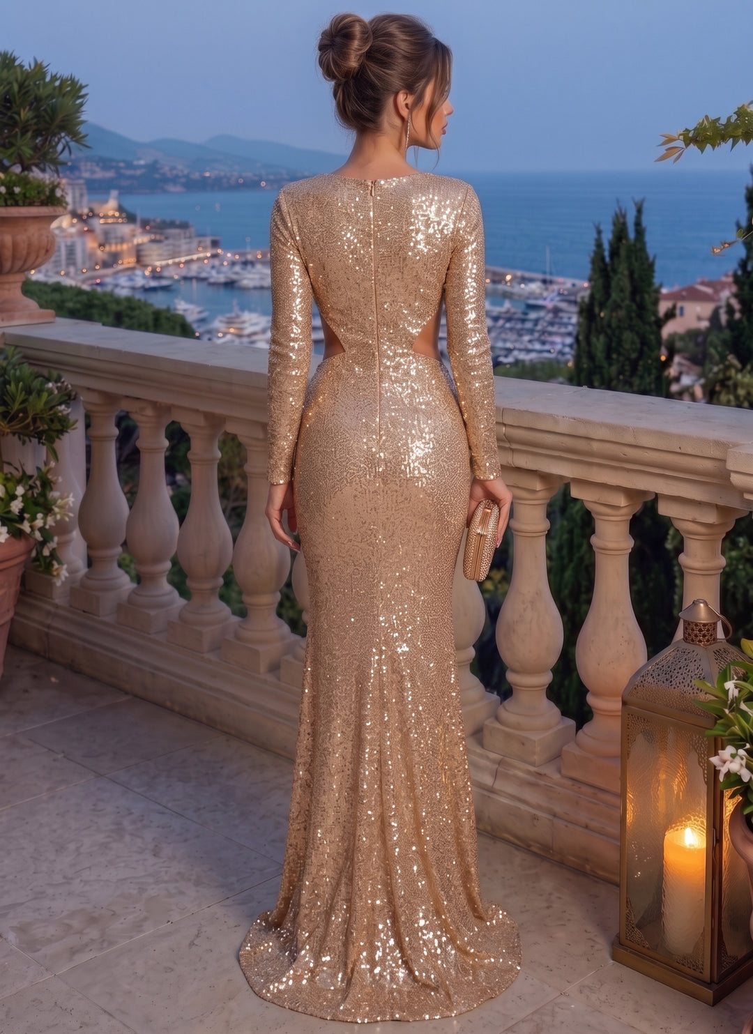 Trumpet/Mermaid Deep V-Neck Sequins Evening Dresses Floor-Length Long Sleeves Formal Dresses