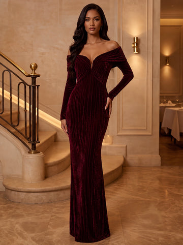 Sheath/Column Off-the-Shoulder Velvet Evening Dresses Floor-Length Long Sleeves Formal Dresses