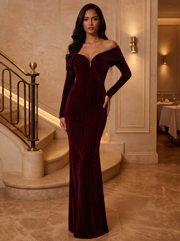 Sheath/Column Off-the-Shoulder Velvet Evening Dresses Floor-Length Long Sleeves Formal Dresses