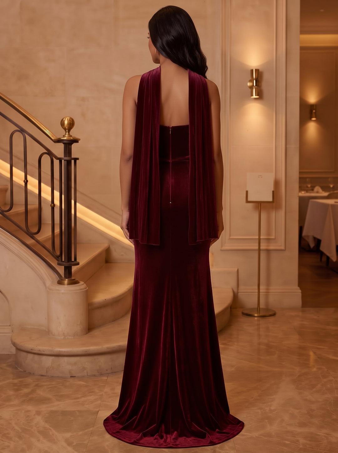 Sheath/Column Strapless Velvet Evening Dresses Floor-Length Sleeveless Formal Dresses Ruched with Scarf
