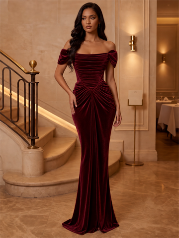 Trumpet/Mermaid Off-the-Shoulder Velvet Evening Dresses Floor-Length Sleeveless Formal Dresses Ruched