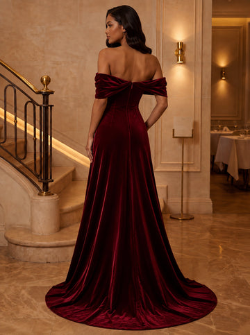 Trumpet/Mermaid Off-the-Shoulder Velvet Evening Dresses Floor-Length Sleeveless Formal Dresses Split Side