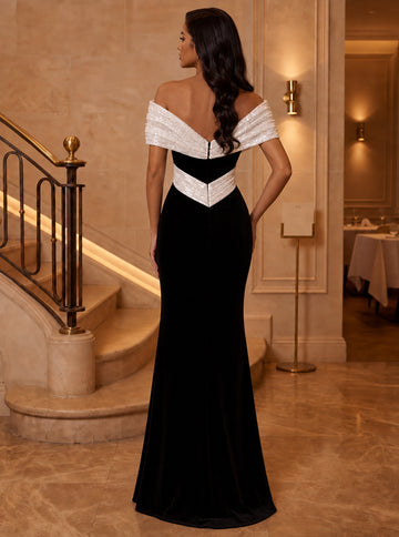 Sheath/Column Off-the-Shoulder Stretch Satin Evening Dresses Sequins Floor-Length Sleeveless Formal Dresses With Split Side
