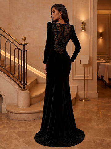 Trumpet/Mermaid Square Neck Velvet Evening Dresses Floor-Length Long Sleeves Formal Dresses Lace With 3D Flower