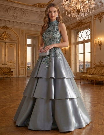 A-Line/Princess Halter Satin Evening Dresses Floral Sequins Floor-Length Sleeveless Formal Dresses