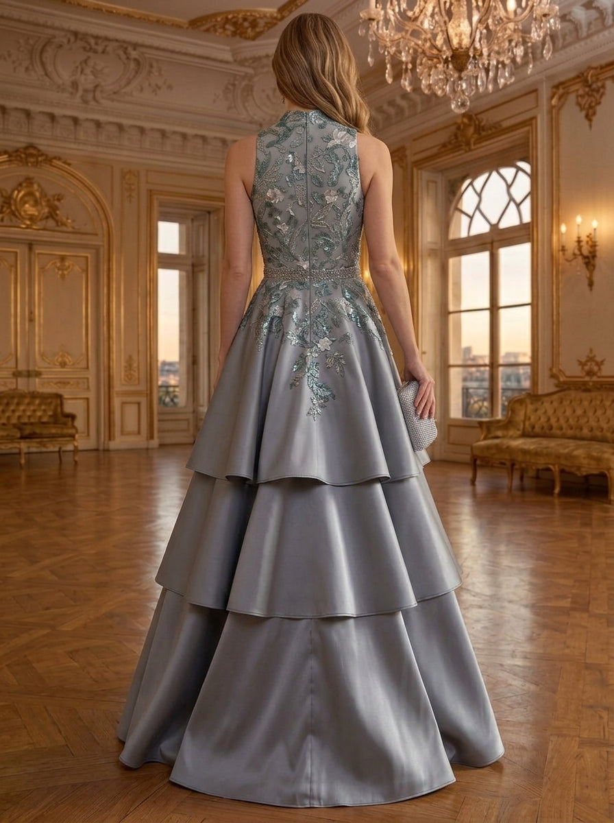 A-Line/Princess Halter Satin Evening Dresses Floral Sequins Floor-Length Sleeveless Formal Dresses