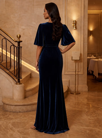 Trumpet/Mermaid V-Neck Velvet Evening Dresses Floor-Length Half Sleeves Formal Dresses Ruched