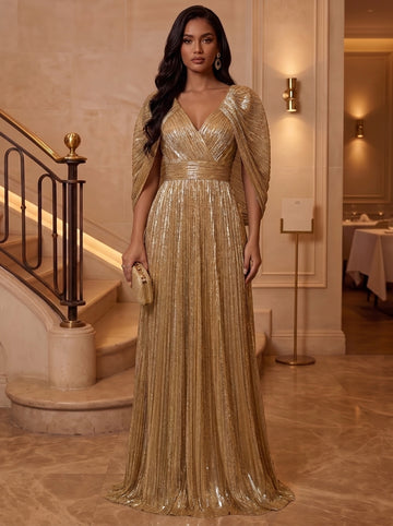 A-Line/Princess V-Neck Sequins Evening Dresses Floor-Length Cape Sleeves  Formal Dresses