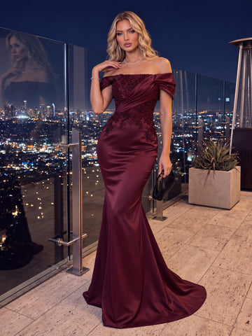 Trumpet/Mermaid Off-the-Shoulder Satin Evening Dresses Floor-Length Sleeveless Floral Lace Appliqué With Beading Formal Dresses