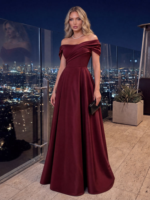 A-Line/Princess Off-the-Shoulder Satin Evening Dresses Floor-Length Sleeveless Formal Dresses