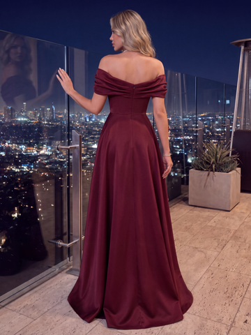 A-Line/Princess Off-the-Shoulder Satin Evening Dresses Floor-Length Sleeveless Formal Dresses