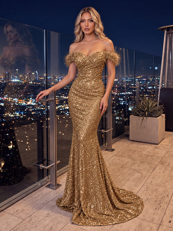 Trumpet/Mermaid Off-the-Shoulder Sequins Evening Dresses Floor-Length Sleeveless With Feathers Formal Dresses