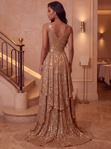A-Line/Princess V-Neck Sequins Evening Dresses Floor-Length Sleeveless With Split Side Formal Dresses