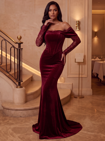 Trumpet/Mermaid Off-the-Shoulder Velvet Evening Dresses Floor-Length Long Sleeves Formal Dresses With Lace