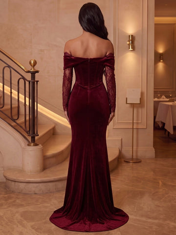 Trumpet/Mermaid Off-the-Shoulder Velvet Evening Dresses Floor-Length Long Sleeves Formal Dresses With Lace