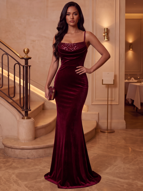 Trumpet/Mermaid Spaghetti Straps Velvet Evening Dresses Floor-Length Sleeveless Sequins Formal Dresses
