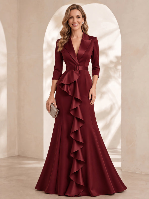Trumpet/Mermaid Deep V-Neck Satin Evening Dresses Floor-Length 3/4 Sleeves Formal Dresses With Belt & Ruffles