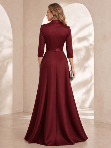 Trumpet/Mermaid Deep V-Neck Satin Evening Dresses Floor-Length 3/4 Sleeves Formal Dresses With Belt & Ruffles