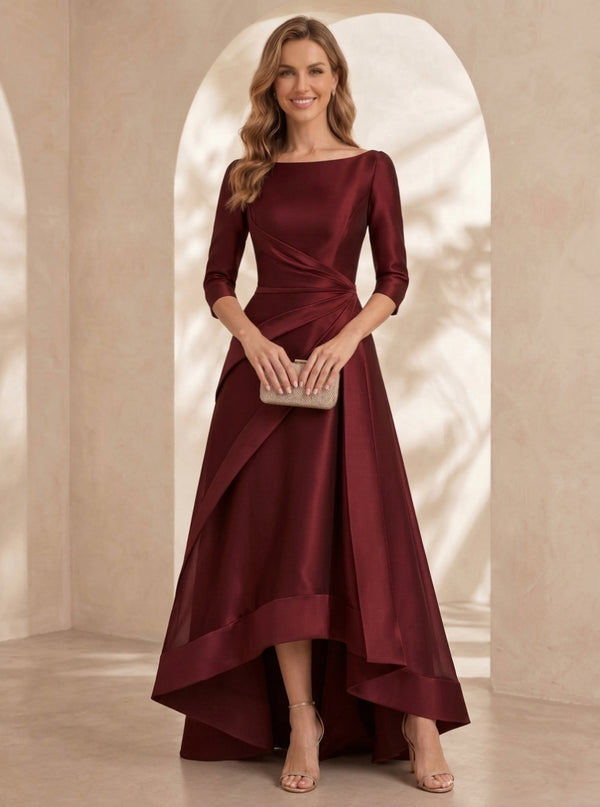 A-Line/Princess Boat Neck Satin Evening Dresses Floor-Length 3/4 Sleeves Formal Dresses With Organza