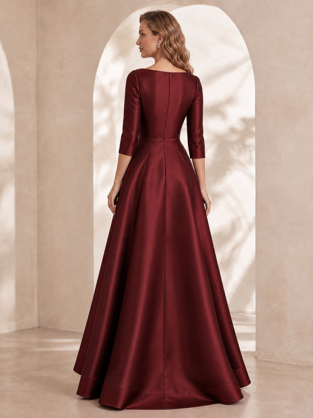 A-Line/Princess Boat Neck Satin Evening Dresses Floor-Length 3/4 Sleeves Formal Dresses With Organza