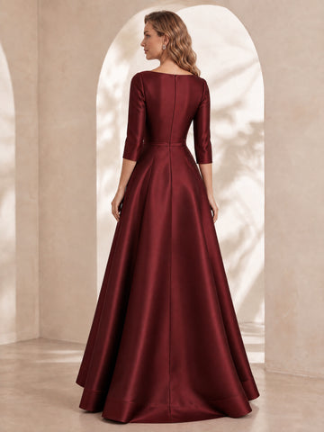 A-Line/Princess Boat Neck Satin Evening Dresses Floor-Length 3/4 Sleeves Formal Dresses With Organza