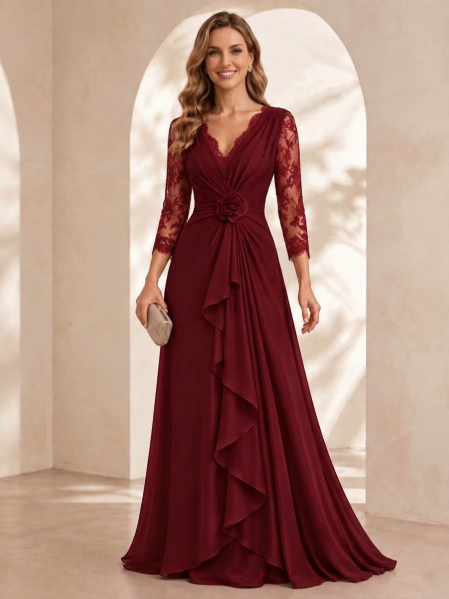 A-Line/Princess Chiffon V-Neck Evening Dresses Floor-Length 3/4 Sleeves With Ruffles & Lace & 3D Flower Formal Dresses