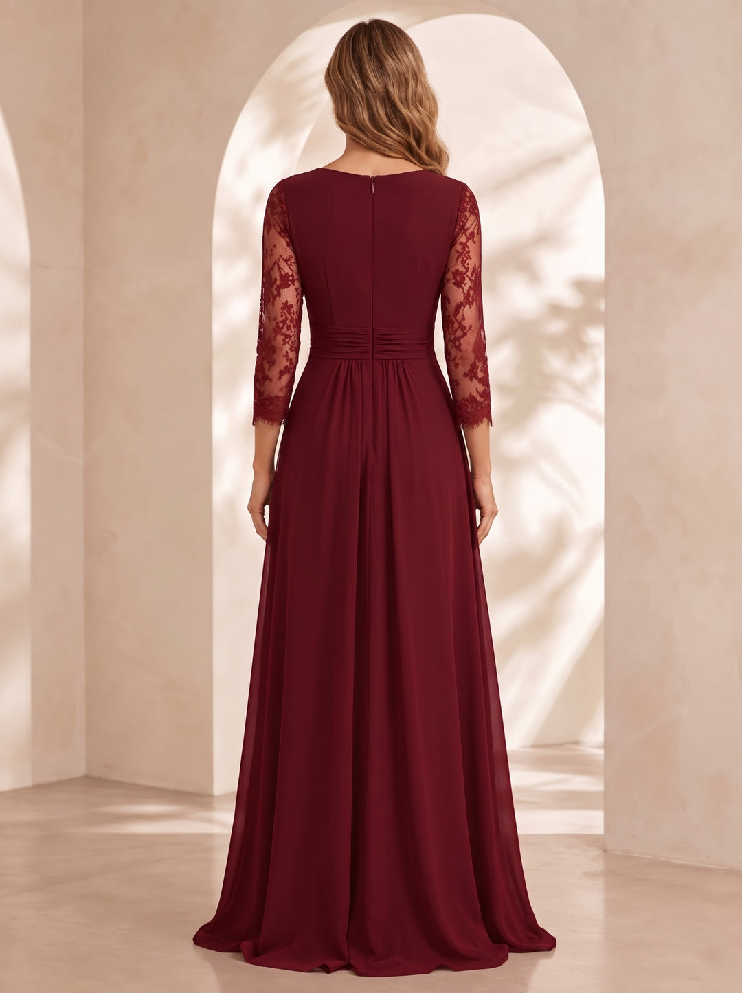 A-Line/Princess Chiffon V-Neck Evening Dresses Floor-Length 3/4 Sleeves With Ruffles & Lace & 3D Flower Formal Dresses