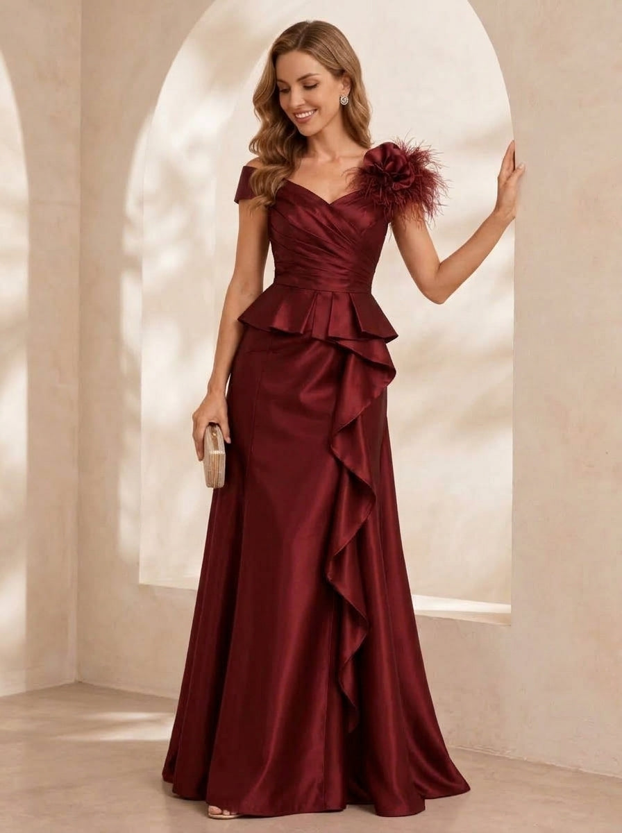 Sheath/Column V-Neck Satin Evening Dresses Floor-Length Short Sleeves Formal Dresses With Feathers & 3D Flower & Overskirt
