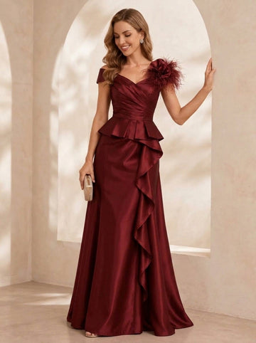 Sheath/Column V-Neck Satin Evening Dresses Floor-Length Short Sleeves Formal Dresses With Feathers & 3D Flower & Overskirt