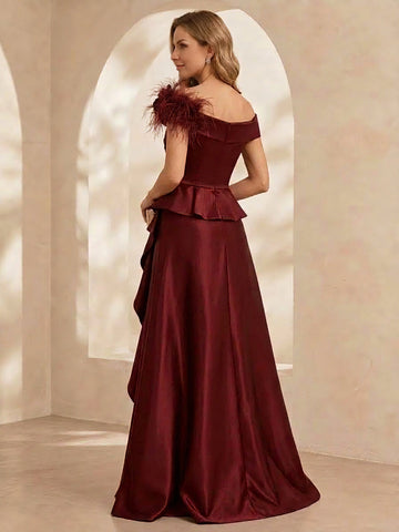 Sheath/Column V-Neck Satin Evening Dresses Floor-Length Short Sleeves Formal Dresses With Feathers & 3D Flower & Overskirt