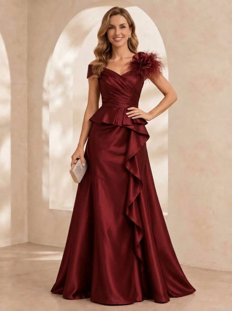 Sheath/Column V-Neck Satin Evening Dresses Floor-Length Short Sleeves Formal Dresses With Feathers & 3D Flower & Overskirt