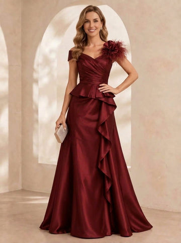 Sheath/Column V-Neck Satin Evening Dresses Floor-Length Short Sleeves Formal Dresses With Feathers & 3D Flower & Overskirt