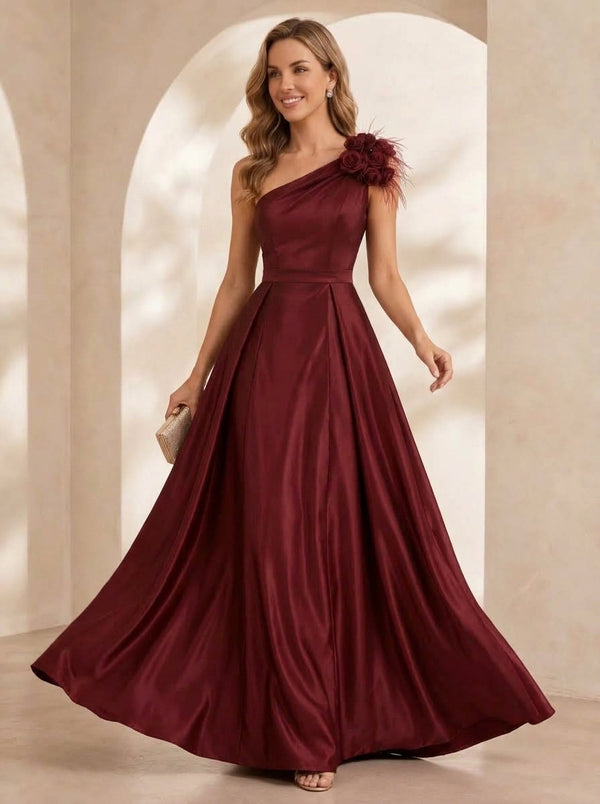 Sheath/Column One-Shoulder Satin Evening Dresses Floor-Length Sleeveless Formal Dresses With Feathers & 3D Flower & Overskirt