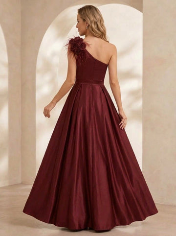 Sheath/Column One-Shoulder Satin Evening Dresses Floor-Length Sleeveless Formal Dresses With Feathers & 3D Flower & Overskirt