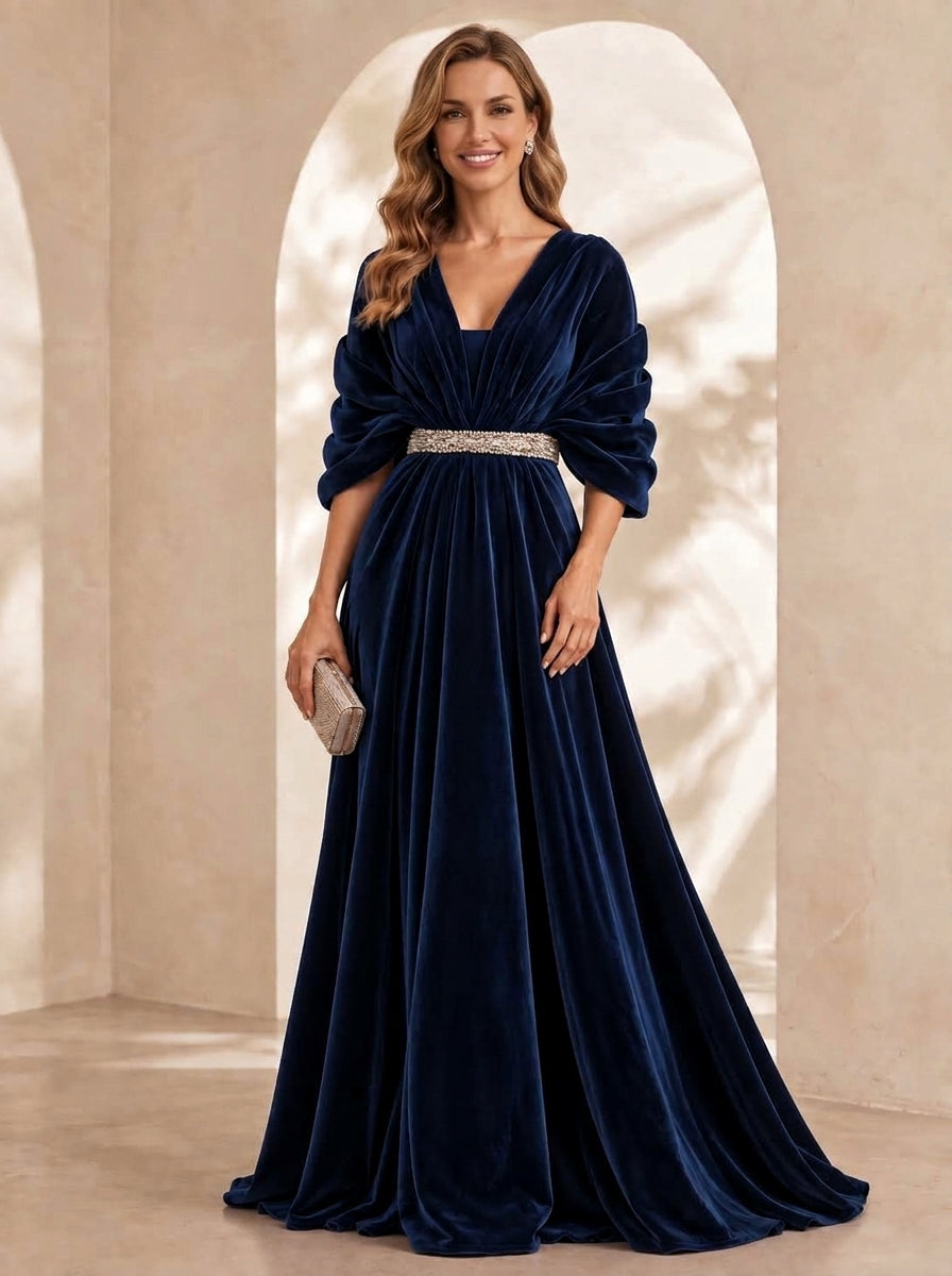 A-Line/Princess V-Neck Velvet Evening Dresses Floor-Length 3/4 Sleeves Formal Dresses With Belt
