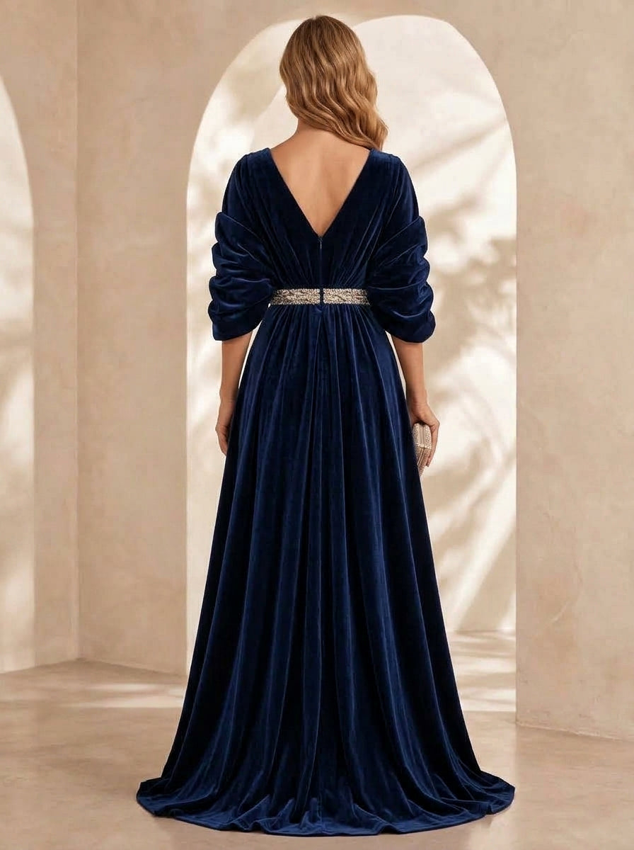 A-Line/Princess V-Neck Velvet Evening Dresses Floor-Length 3/4 Sleeves Formal Dresses With Belt