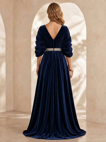 A-Line/Princess V-Neck Velvet Evening Dresses Floor-Length 3/4 Sleeves Formal Dresses With Belt