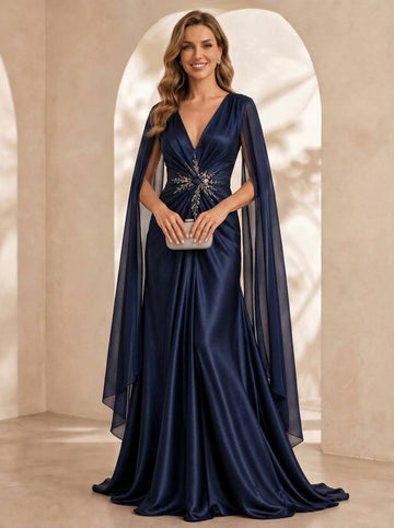 Trumpet/Mermaid Deep V-Neck Silk Satin Evening Dresses Floor-Length Cape Sleeves With Rhinestones Formal Dresses