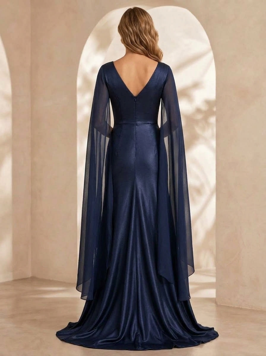 Trumpet/Mermaid Deep V-Neck Silk Satin Evening Dresses Floor-Length Cape Sleeves With Rhinestones Formal Dresses