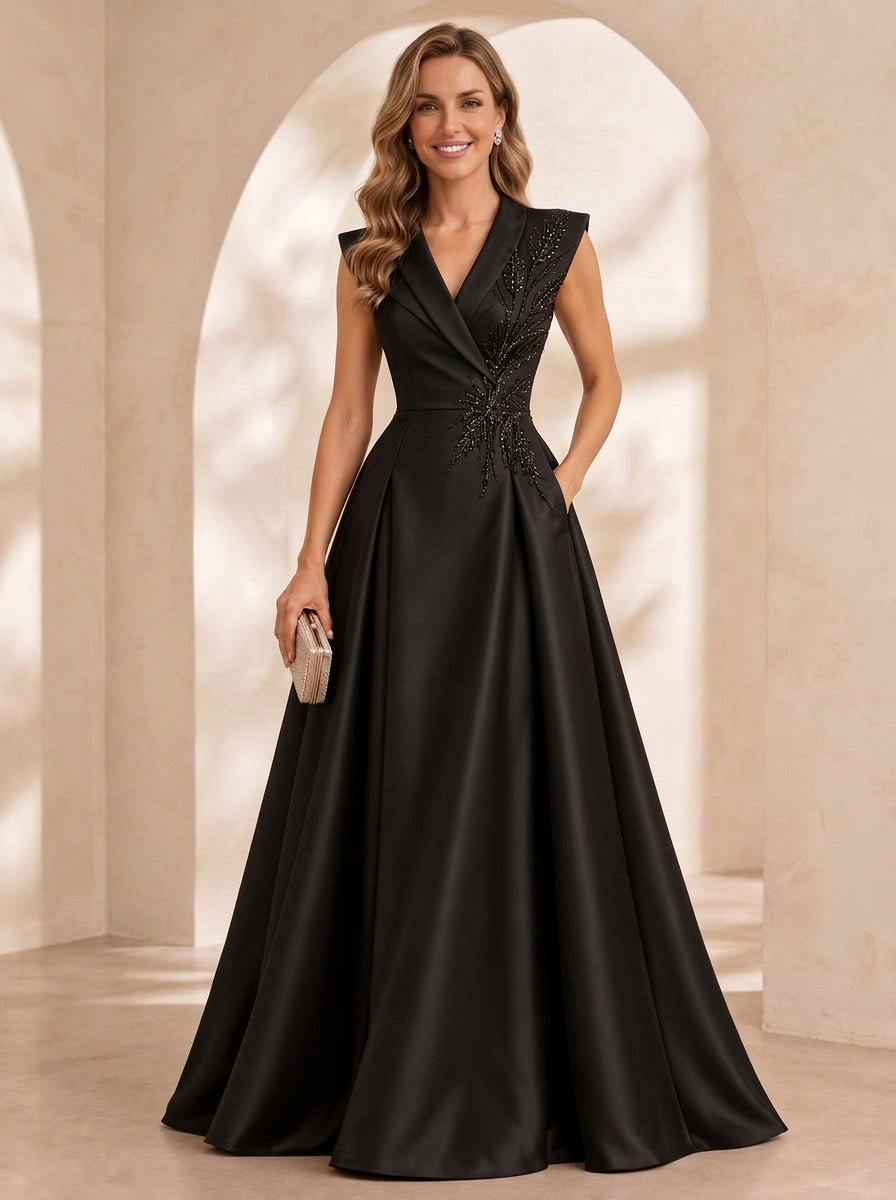 A-Line/Princess V-Neck Satin Evening Dresses Floor-Length Sleeveless Formal Dresses With Applique