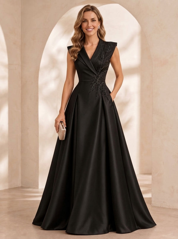 A-Line/Princess V-Neck Satin Evening Dresses Floor-Length Sleeveless Formal Dresses With Applique