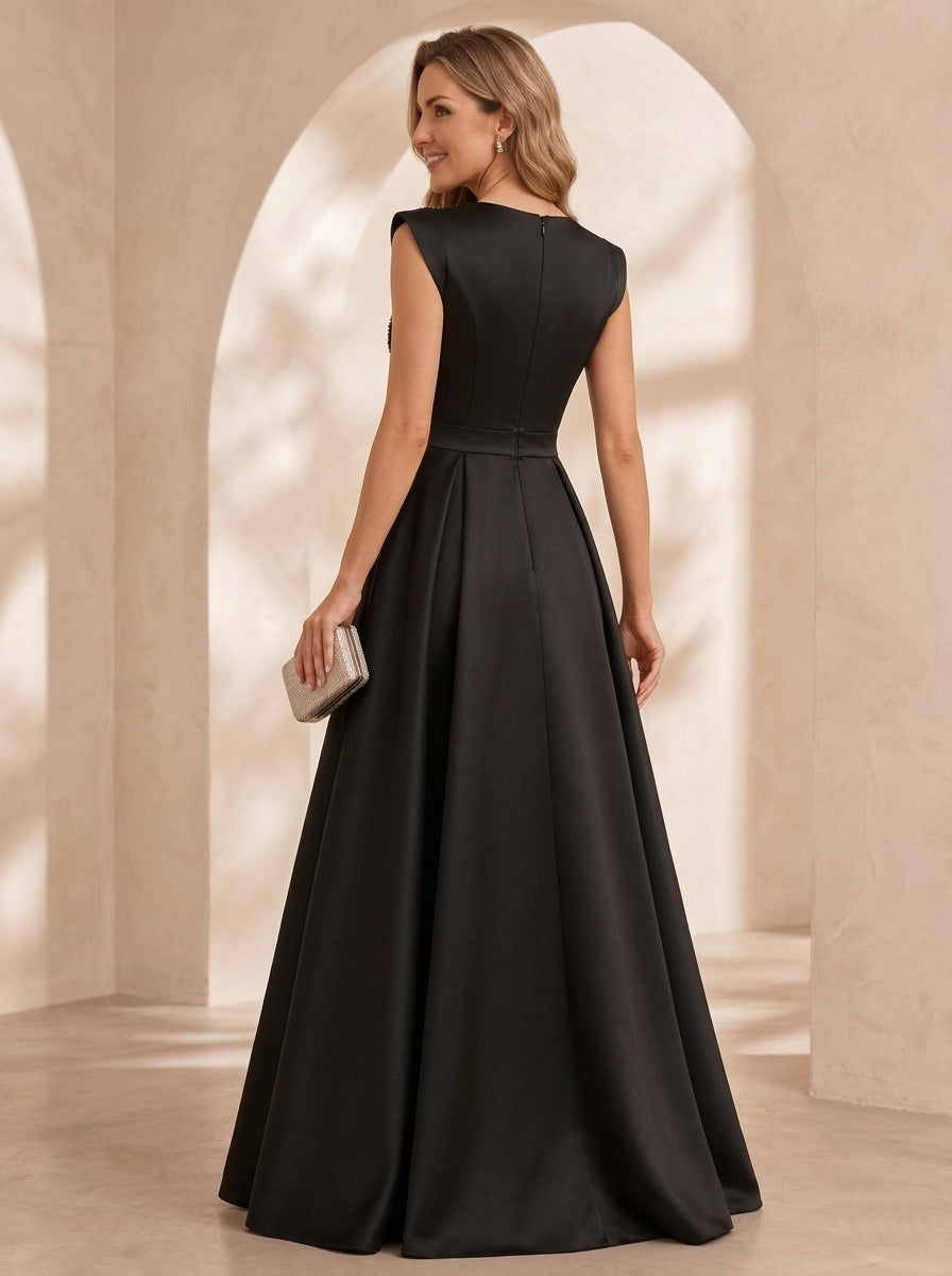 A-Line/Princess V-Neck Satin Evening Dresses Floor-Length Sleeveless Formal Dresses With Applique