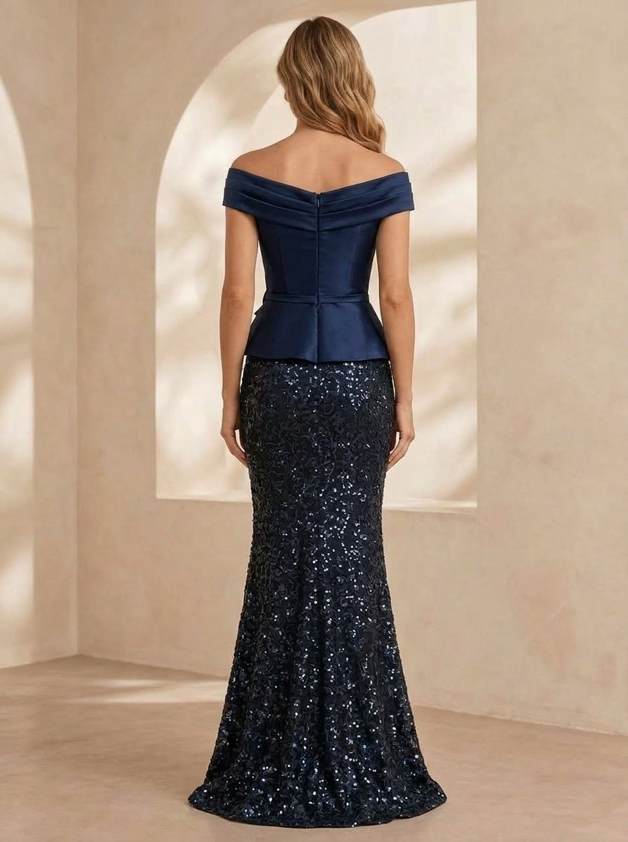 Trumpet/Mermaid Off-the-Shoulder Satin Evening Dresses Floor-Length Sleeveless Sequins With 3D Flower Formal Dresses