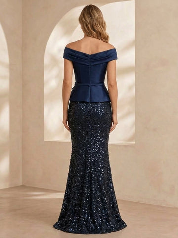 Trumpet/Mermaid Off-the-Shoulder Satin Evening Dresses Floor-Length Sleeveless Sequins With 3D Flower Formal Dresses