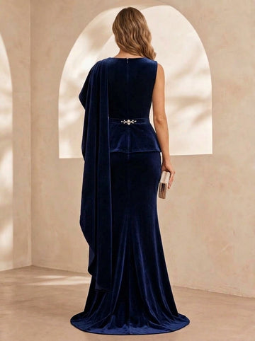 Trumpet/Mermaid Boat Neck Velvet Evening Dresses Floor-Length Sleeveless Formal Dresses With Sash