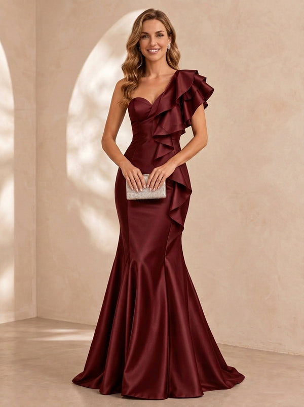 Trumpet/Mermaid One-Shoulder Satin Evening Dresses Floor-Length Sleeveless Formal Dresses With Ruffles