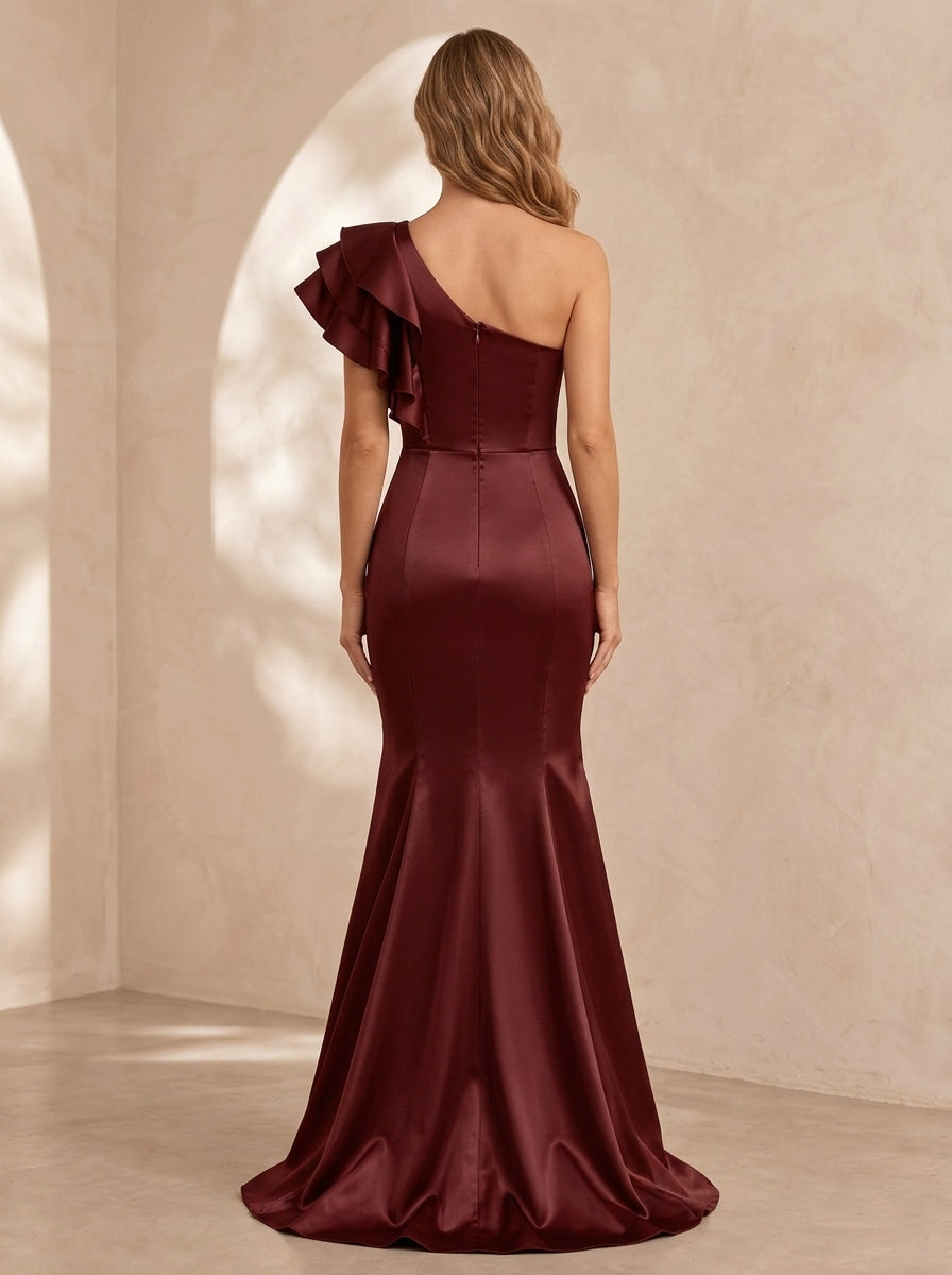 Trumpet/Mermaid One-Shoulder Satin Evening Dresses Floor-Length Sleeveless Formal Dresses With Ruffles